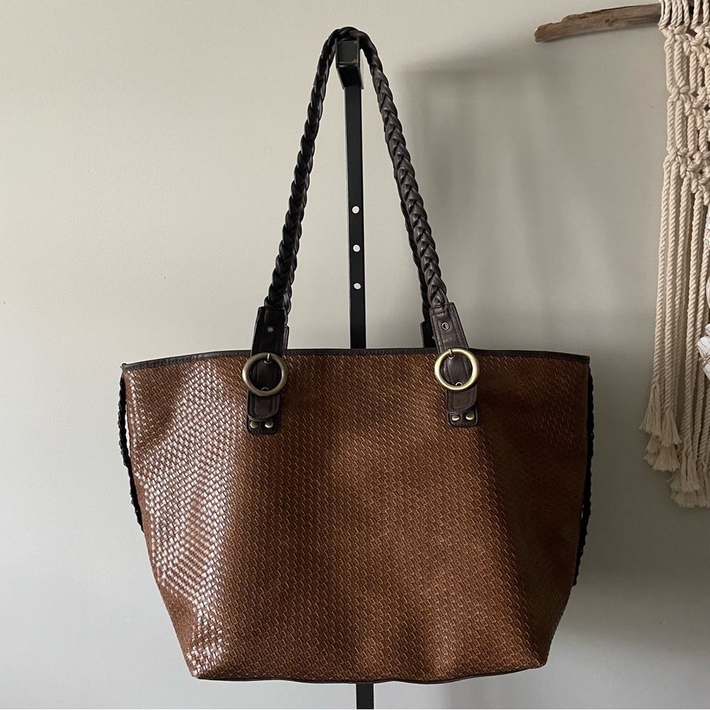 Bueno Large Woven Braided Boho Tote Bag XL Purse Brown Cognac Vegan Faux Leather - Picture 2 of 11
